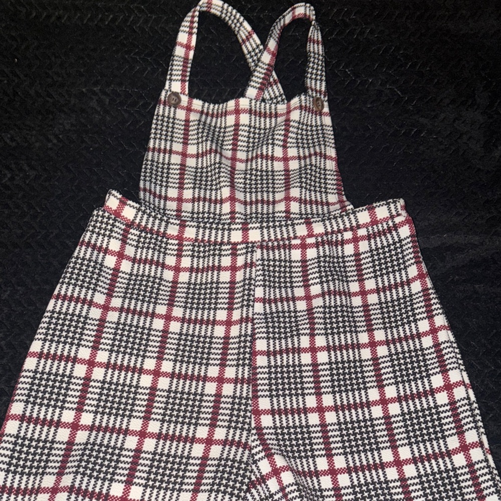 Plaid Overall Jumpsuit with Straps - Black, White & Red